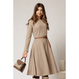 Rochie DY Fashion din tricot beige cu curea subtire si fusta clos