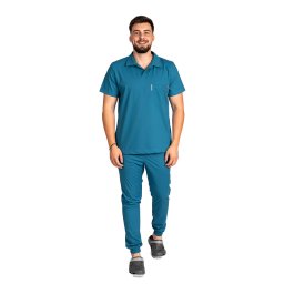 Costum medical stretch polo barbati aqua, cu bluza in V si pantaloni tip jogger, cu snur si elastic