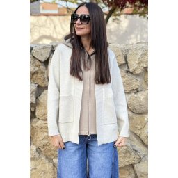 JACHETA SCURTA DIN TRICOT CU GLUGA BICOLORA AMA BEJ MARO Bej TALIE UNICA
