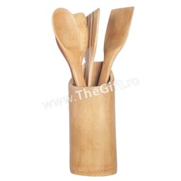 Set 4 ustensile din bambus, cu suport