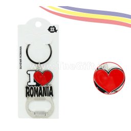 Breloc suvenir, cu desfacator, I love Romania