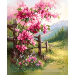 Set goblen cu diamante, cu sasiu, Gard inflorit, 40x50 cm