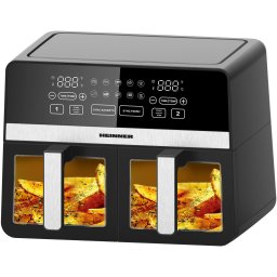 Friteuza dubla cu aer cald Heinner SimCook HAF-K10DB24BK, 2400W, capacitate 9.5L, termostat reglabil cu afisaj LED, control digital individual, 10 programe prestabilite, temporizator 60 min. cu avertizare sonora, Negru
