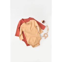 Set 2 body-uri cu maneca lunga bebe unisex -100% bumbac organic - Mustar/Scortisoara, BabyCosy (Marime: 12-18 Luni)