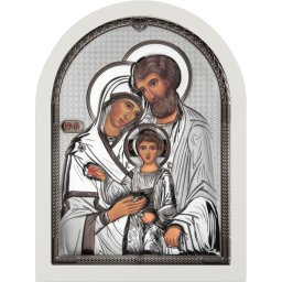 Icoana argintata arcuita Sfanta Familie argintiu - rama alba (Dimensiune icoana: 16,5 x 21 cm)