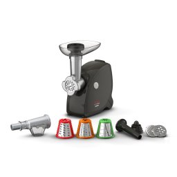Masina de tocat carne Tefal NE477838, capacitate 2.3kg/min, 2000W, set 3 grile de inox, set 3 conuri pentru razuit, sertar pentru depozitare, accesoriu carnati/suc de rosii/kebbe, negru