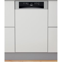 Masina de spalat vase semi-incorporabila Whirlpool WSBO3O34PFX, 10 seturi, 8 programe, Clasa D, 6th Sense, Power Clean, 45 cm, Argintiu