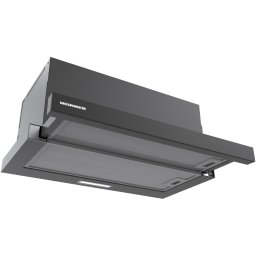 Hota telescopica Heinner HTCH-MD600GBK, 60cm, 630 m3/h, 2 trepte de viteza, motor: 1 x 215w, lumina led: 1 x 1.5w, 2 filtre aluminiu, diametru tub de evacuare: 150 mm, Negru si sticla