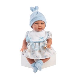 Papusa Adriana, 42 cm, Fara Par, Corp Vinil+Textil cu Rochita Alba Imprimeu Planete si Caciula Bleu 887 Guca Munecas las