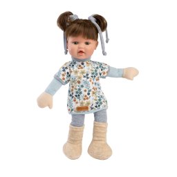 Papusa Mimi 36 cm, Par Saten, Corp Textil cu Rochita Alba Imprimeu FloriceleBleu 968 Guca Munecas las