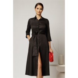 Rochie midi neagra tip camasa din bumbac cu cordon in talie
