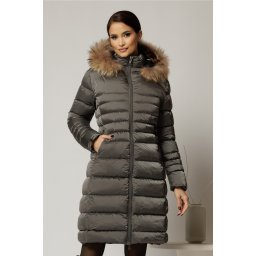 Geaca dama midi gri din fas cu gluga detasabila