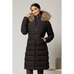Geaca dama midi neagra din fas cu gluga detasabila