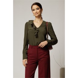 Bluza DY Fashion kaki din voal plin cu decolteu in V si volanas