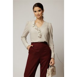 Bluza DY Fashion ivoar din voal plin cu decolteu in V si volanas