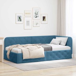 Cadru de pat coltar cu headboard albastru 100 x 200 cm Catifea GartenMobel Dekor
