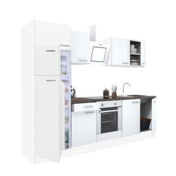 Mobilă de bucătărie Yorki 270, corp alb, față alb satinat, element cuptor inferior, frigider congelator superior