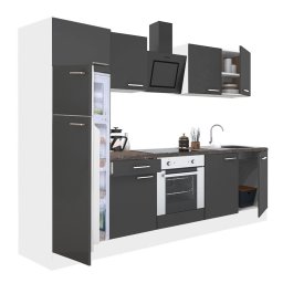 Mobilă de bucătărie Yorki 270, corp alb, față antracit satinat, element cuptor inferior, frigider congelator superior