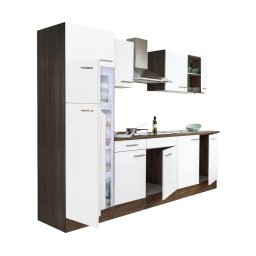 Mobilă de bucătărie Yorki 270, corp din stejar Yorki, față alb satinat, frigider cu congelator superior
