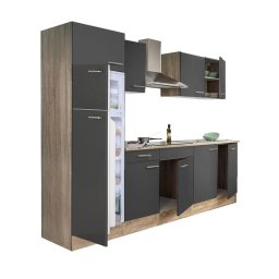 Mobilă de bucătărie Yorki 270, corp din stejar sonoma, față antracit satinat, frigider cu congelator superior