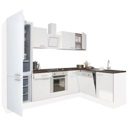 Mobilă de bucătărie de colț Yorki 280, corp alb, față alb satinat, element inferior cuptor, frigider cu dedurizator de gătit inferior
