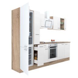 Mobilă de bucătărie Yorki 300, corp din stejar sonoma, față alb satinat, element cuptor inferior, frigider congelator inferior