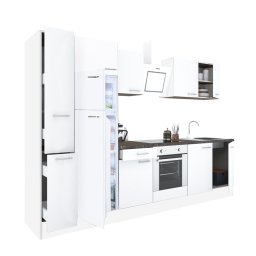 Mobilă de bucătărie Yorki 300, corp alb, față alb satinat, element cuptor inferior, frigider congelator superior