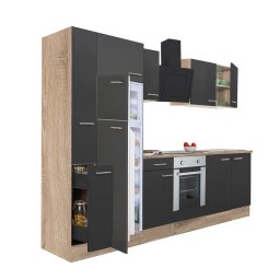 Mobilă de bucătărie Yorki 310, corp din stejar sonoma, față antracit satinat, element cuptor inferior, frigider congelator superior