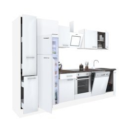 Mobilă de bucătărie Yorki 310, corp alb, față alb satinat, element cuptor inferior, frigider congelator superior