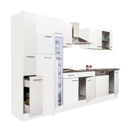 Mobilă de bucătărie Yorki 310, corp alb, față alb satinat, frigider cu congelator superior