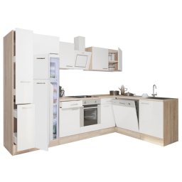Mobilă de bucătărie de colț Yorki 310, corp din stejar Sonoma, față alb satinat, element cuptor inferior, frigider congelator superior