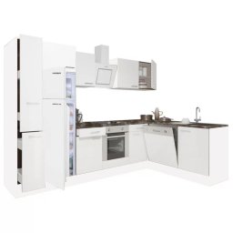 Mobilă de bucătărie de colț Yorki 310, corp alb, față alb satinat, element cuptor inferior, frigider congelator superior