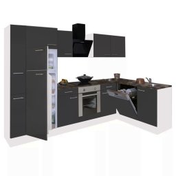 Dulap de bucătărie de colț Yorki 310, corp alb, față antracit satinat, element cuptor inferior, frigider congelator superior
