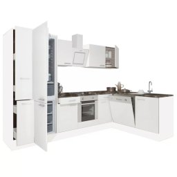 Mobilă de bucătărie de colț Yorki 310, corp alb, față alb satinat, element inferior cuptor, frigider cu dedurizator de gătit inferior