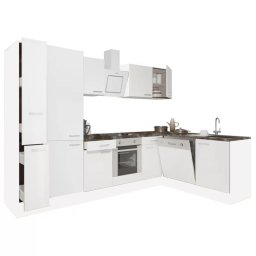 Mobilă de bucătărie de colț Yorki 310, corp alb, față alb satinat cu element inferior cuptor, dulap cu raft