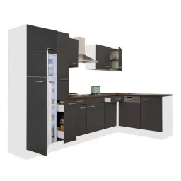 Dulap de bucătărie de colț Yorki 310 cu corp alb, față antracit satinat și frigider cu congelator superior