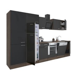 Mobilă de bucătărie Yorki 330, corp din stejar Yorki, front antracit satinat cu element cuptor inferior, dulap cu rafturi și frigider cu congelator superior.