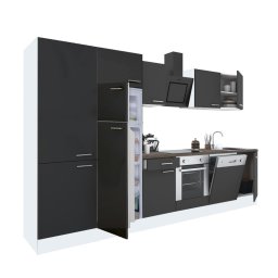 Mobilă de bucătărie Yorki 330, corp alb, față antracit satinat, element cuptor inferior, dulap cu rafturi și frigider cu congelator superior