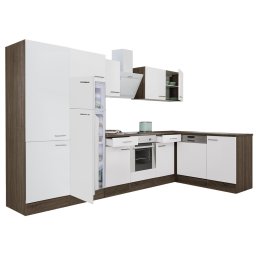 Mobilă de bucătărie de colț Yorki 340, corp din stejar Yorki, front alb satinat cu element cuptor inferior, dulap cu rafturi, frigider congelator superior.