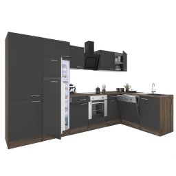 Mobilă de bucătărie de colț Yorki 340, corp stejar Yorki, front antracit satinat, element cuptor inferior, dulap cu rafturi, frigider congelator superior.