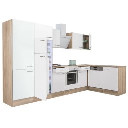 Mobilă de bucătărie de colț Yorki 340, corp din stejar sonoma, față alb satinat, element cuptor inferior, dulap cu rafturi, frigider congelator superior