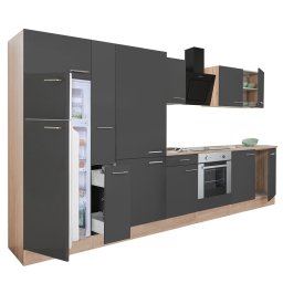Mobilă de bucătărie Yorki 360, corp din stejar sonoma, front antracit satinat, element cuptor inferior, dulap cu rafturi și frigider cu congelator superior.