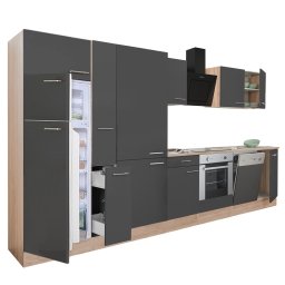 Mobilă de bucătărie Yorki 370, corp din stejar sonoma, front antracit satinat, element cuptor inferior, dulap cu rafturi și frigider cu congelator superior.