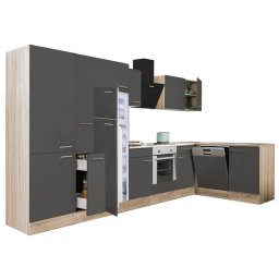 Mobilă de bucătărie de colț Yorki 370, corp din stejar sonoma, față antracit satinat, element cuptor inferior, dulap cu rafturi, frigider congelator superior