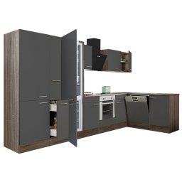 Mobilă de bucătărie de colț Yorki 370, corp din stejar Yorki, front antracit satinat cu element cuptor inferior, dulap cu rafturi, frigider congelator inferior.