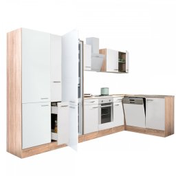Mobilă de bucătărie de colț Yorki 370, corp din stejar sonoma, față alb satinat, element cuptor inferior, dulap cu rafturi, frigider congelator inferior