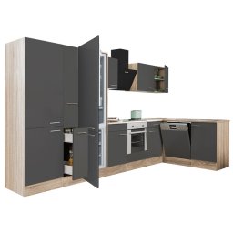 Mobilă de bucătărie de colț Yorki 370, corp din stejar sonoma, față antracit satinat, element cuptor inferior, dulap cu rafturi, frigider congelator inferior