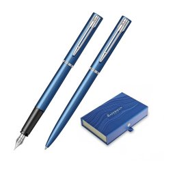 Set pix si stilou Waterman Allure albastru cu accesorii cromate, in cutie dubla de cadou