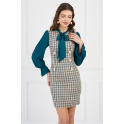Rochie DY Fashion bej cu imprimeu peptit turcoaz si maneci din voal