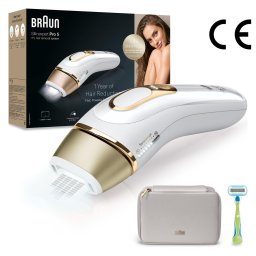 Epilator IPL Braun Silk-expert PRO 5 PL5052 Senzor automat & continuu Skin pro 2.0, 400.000 impulsuri, 10 niveluri de intensitate, 125 de impulsuri pe minut, Trusa de voiaj, Aparat de ras Venus, Alb/Auriu